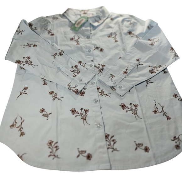 New National Button Up Blouse Top Blue Brown Floral Stretch Womens Petite Large - Picture 6 of 11